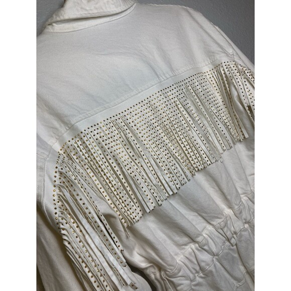 Rockabilly Gold Studded Fringe Western Denim Short Romper M Off White Boho - Picture 14 of 14
